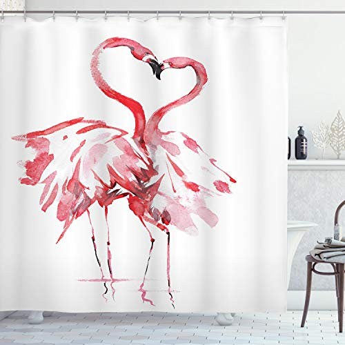 ABAKUHAUS Flamingo Duschvorhang, Lovers Kissing, Stoffliches Gewebe Badezimmerdekorationsset mit Haken, 175 x 180 cm, Dunkler Coral Weiß