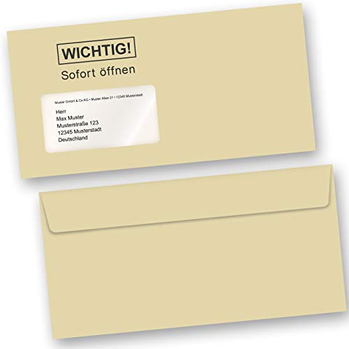 TATMOTIVE Briefumschläge 250 Stück DIN lang | Mit Fenster und haftklebend, Wichtig sofort öffnen, 110 x 220 mm, 80 g/qm, Farbe beige-gelb für Inkjetdrucker geeignet