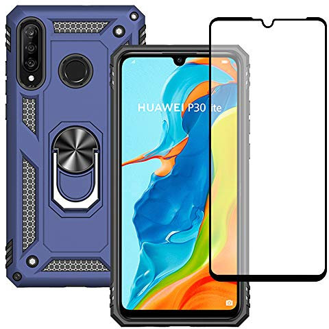 Yiakeng Funda Huawei P30 Lite / P30 Lite New Edition Carcasa con Protector Pantalla Cristal Templado, Silicona Armor Case con Kickstand para Huawei P30 Lite (Azul)