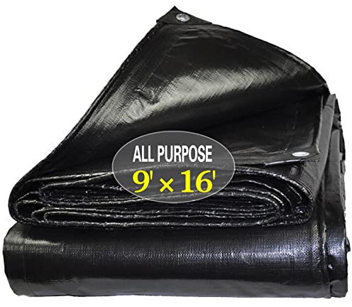 Lonas Resistentes al Agua de 9 x 16 pies, Lona de plástico Negro, Grande, Multiusos, para Exteriores, Lona de Polietileno Gruesa, 25.4 ml para Lluvia o Sol de Emergencia, Techo, Muebles de Patio,