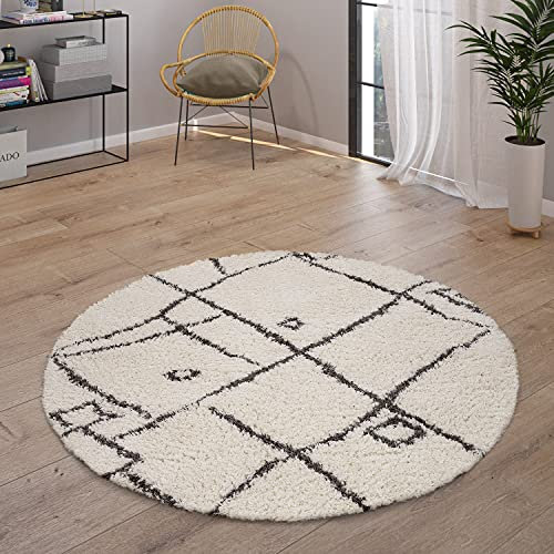 Paco Home Hochflor Teppich Wohnzimmer Shaggy Skandinavisch Fransen Flauschig Modern Langflor, Grösse:120 cm Rund, Farbe:Creme 2