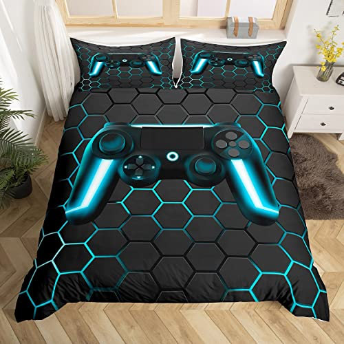 Homewish Boys Gamer Comforter Cover Honeycomb Geometric Bedding Sets Neon Lights Gamepad Gaming Duvet Cover Set For Kids Teen Youth Man Hexagon Beehive Quilt Cover With 2 Pillow Cases King Size Blue