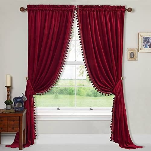 StangH Luxuriöse rote Pompon-Samt-Vorhänge, Weihnachtsdekoration, wärmeisoliert, Raumverdunkelung, Fenstervorhänge für Schlafzimmer/Wohnzimmer/Schiebetür/Theater, B 52 x L 96 cm, 2 Paneele und