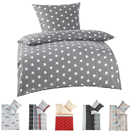 BaSaTex Feinbiber Winter Bettwäsche warme und kuschelige Bettgarnitur und Kissenbezug 155x220 + 80x80 cm | 100% Baumwolle | Sterne - Grau