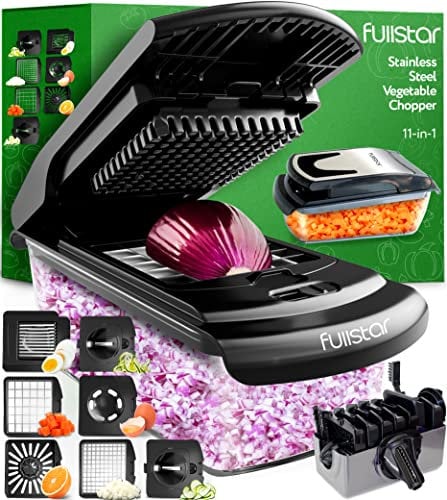 Coupe Legumes Multifonctions - Spiraliseur et Decoupe Legumes Manuel - Coupe Legume Cube Oignon Carotte Concombre Tomates Fruits - Cuisine Accessoires (7-en-1 Acier Inox Noir)