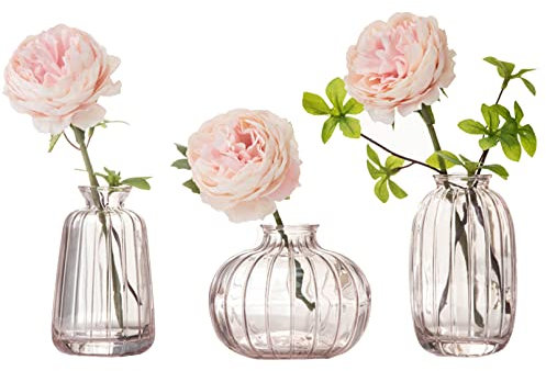 Glass Bud Vase Set of 3, Decorative Small Vase for Table Living Room Bedroom Home Office Kitchen Decor, Pink
