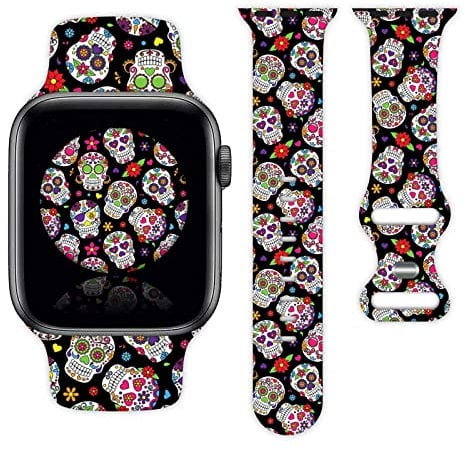 Cinturino con scheletro con teschio di zucchero compatibile con Apple Watch per donne uomini regali cinturino sportivo in silicone per iWatch Serie 9 8 7 6 5 4 3 2 1 SE (38 mm/40