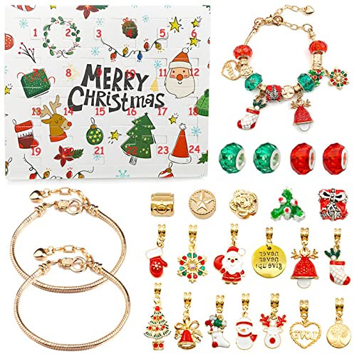 Schmuck Adventskalender Weihnachten Schmuck Adventskalender 2023 für Mädchen 2 Ketten 22 Perlen 24 Tage Weihnachten Weihnachten Bettelarmband Weihnachten Countdown Kalender Geschenk DIY Armband