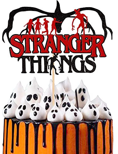 1 Stück Stranger Things Tortendeko, Glitzer Halloween Kuchen Deko TV-Programm Stranger inspiriert Cake Topper for Happy Halloween Thema Party Baby-Dusche Kinder Geburtstag Party Kuchen Dekorationen