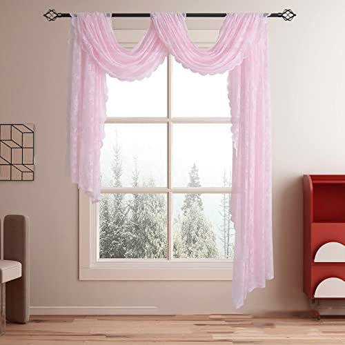 Devola Querbehang Gardine Gardinenschals mit Spitze Blumenmuster Transparent Freihanddeko Gardinen Dekoschals Vorhänge für Schlafzimmer Wohnzimmer Hochzeit BxL 145x400cm Rosa 1 Stück