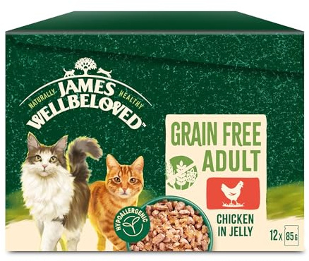 James Wellbeloved Adult Grain-Free Chicken in Jelly 12 Pouches, Hypoallergenic Wet Cat Food, Pack of 1 (12x85 g)