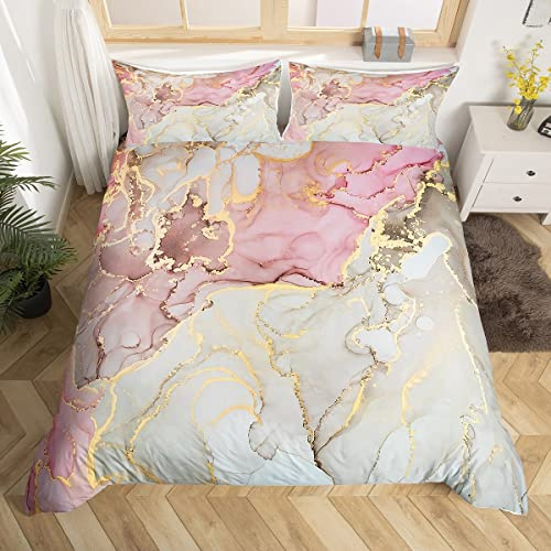 Marble Duvet Cover Set Double Size, Lilac Gold Grey Marbling Bedding Set 3pcs for Kids Boys Girls Bedroom Decor, Abstract Stone Texture Comforter Cover Polyester Quilt Cover with 2 Pillowcases