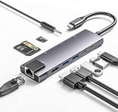 USB C Hub 9 in 1 Multiport Adapter w/Gigabit Ethernet, 100W PD, 4K@60Hz, 2 USB 3.0, USB C 3.0 Data, SD/TF Card Reader, 3.5mm Jack, Dongle Docking Station for iPad Pro MacBook Samsung Laptops
