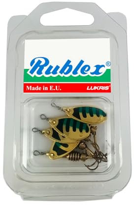 RUBLEX - Blister 4 Cucharillas de Pesca Celta nº2 Oro Rayas Negras Verdes con Anzuelo Triple con Muerte, 3,5 GMS.