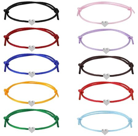 Roontin 10Pcs Friendship Bracelets for Women - Heart Rope Bracelets Handmade String Rope Adjustable Distance Matching Bracelet Jewelry Gift for Best Friends Lover Couple Girls