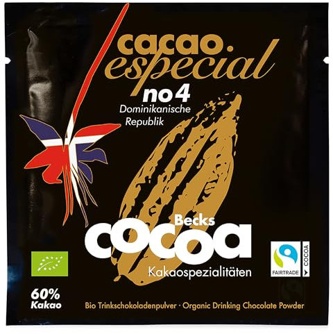 Becks cocoa Cacao Especial No 4 – Edelkakao aus der Dominikanischen Republik – Veganer Bio Kakao – Fairtrade Trinkschokolade – Perfekt für Heiße Schokolade, 25 g Sachet