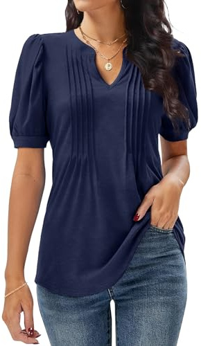 GRECERELLE Womens V Neck Tops Puff Short Sleeve | T-Shirt Pleated Floral Printed Tunic Blouse Shirts