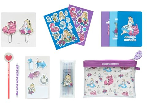 Grupo Erik: Set Cancelleria Disney Alice | Kit di Cancelleria con 3 Quaderni A6, Penna e Matita, 4 Evidenziatori, Clips, Note adesive, Stickers e Astuccio Alice nel Paese delle Meraviglie