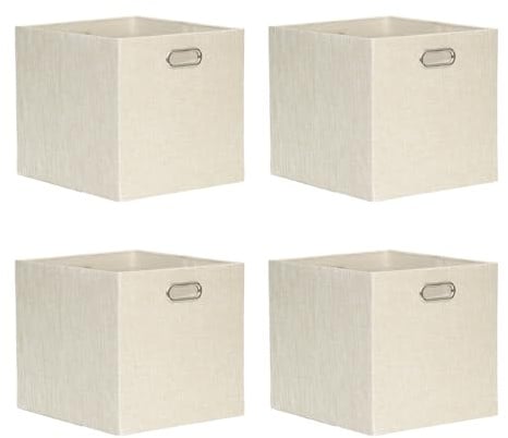 ArcaGuru 33 x 38 x 33 cm Aufbewahrungswürfel, Leinen faltbare Stoff Aufbewahrungswürfel, Aufbewahrungswürfel Körbe Box mit Griffen für Regale, Schrank, Bücherregal, Schlafzimmer, 4 Stück, Beige