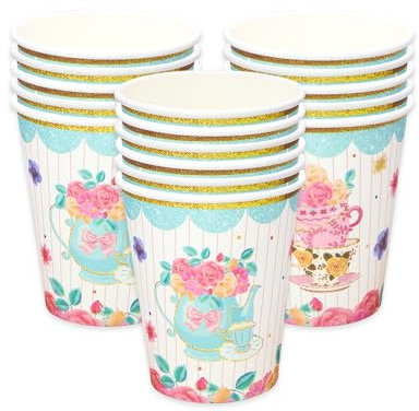 Afternoon Tea Floral Paper Cups, Paper Plates Tableware for Mother's Day Afternoon Tea Wedding Anniversary Birthday Baby Shower Decoration (Paper Cups 24pcs)