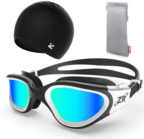 ZIONOR Polarisiert Schwimmbrille + Schwimmkappe für Herren und Damen, UV-Schutz Anti Nebel Verstellbar Gurt Komfort Profi Schwimmbrillen (YA-EU-P-G1-White-Gold+C5-Black)
