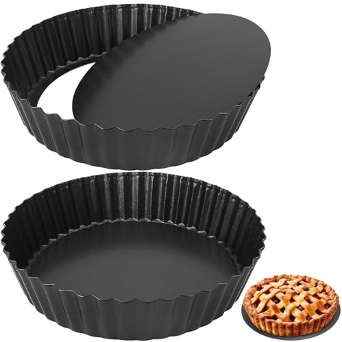 Abaigeal 2 Pcs Pie Dish with Nonstick Coating, 9 Inch Cake Tin with Removable Bottom Round Carbon Steel Tart Tins，24 cm Fluted Round Tart Quiche Pie Pans, Carbon Steel Baking Pan Dish