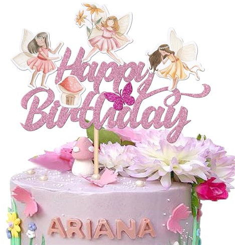 SYKYCTCY 1 Pack Happy Birtyhay Fairy Cake Topper Glitter Flower Fairy Garden Party Cake Picks Baby Shower Girls Baby Birthday Wedding Party Cake Decorations Supplies