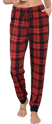 Vlazom Pantalon de pyjama Femme Bas de Pyjama à Carreaux avec Cordon de Serrage et Poches Vêtements de Nuit,C Noir/Rouge,S