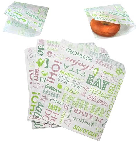 Tocnvoe - 200 pcs Greaseproof Paper for Food, Green Letter Pattern, 19X17 cm, Paper Bag, Wrap Bag, Durable, Moisture and Grease Resistant, for Sandwiches, Hamburgers, Snacks