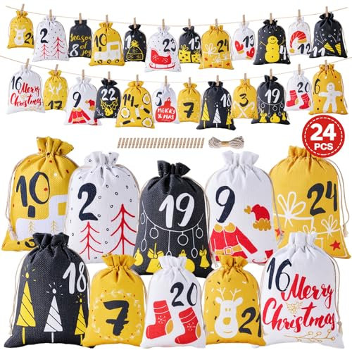 Raoclay Adventskalender zum Befüllen Stoff, 24 Adventskalender Tüten Groß Adventskalender Selber Befüllen Kinder, 2 Größen von Adventskalender Säckchen, Weihnachtskalender zum Befüllen mit Clips Seil