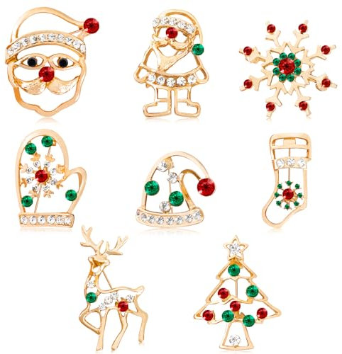 MELLIEX 8 Stück Weihnachten Broschen Pin Set Strass Weihnachtsbroschen Strasssteinen Weihnachtsschmuck für Kleidung Geschenk Ornamente