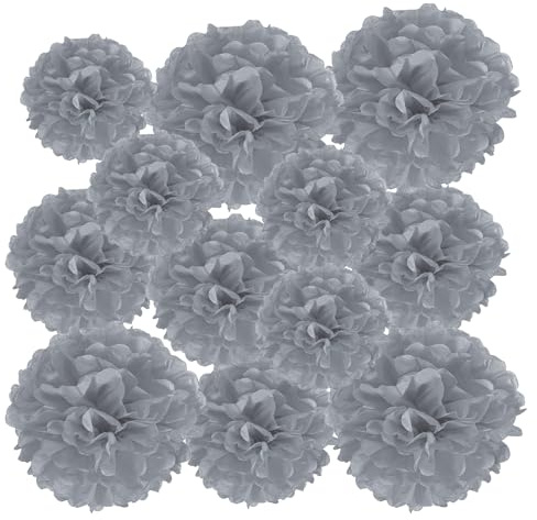 PATIKIL 12 Stück 10/15/20cm Pom Poms Papier Pompons Blumen Grau | Seidenpapier Pompons für Hochzeit Brautdusche Blumenkugel Geburtstagsparty Hintergrund Dekoration