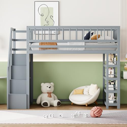 Arhatreya Hochbett 90x200 cm, Kinderbett mit Hochzaun-Sicherheitsdesign, Holzbett mit Kleiderschrank, Massivholzbett mit Regalen und Treppe, für Kinder Jugendliche, Grau(Ohne Matratze)