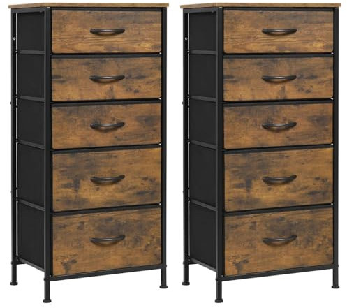 WOLTU Kommode mit 5 Schubladen aus Stoff, 2er Set, Kommodenschrank Sideboard Schubladenschrank, für Schlafzimmer Wohnzimmer Flur, aus Metallrahmen Holzwerkstoff, Vintage-Holzoptik Schwarz, SSK004hov-2
