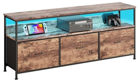 Luminarix Kommode mit 3 Schubladen und Regal, Vintage Sideboard mit Stoffschubladen Metallgestell, Holzplatte TV Schrank für Wohnzimmer Schlafzimmer Flur, Braun