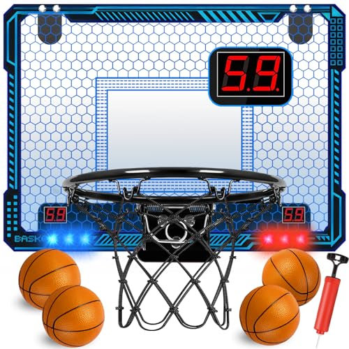 TEUVO Indoor Basketballkorb für Kinder mit 7 Farben LED-Leuchten/ 4 Balls/Elektronische Anzeigetafel, Startseite Büro Tür Mini Basketballkorb Sport Spielzeug Geschenke für 6 8 9 10 Jungen Mädchen