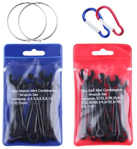 GOLD DEER Mini-Schraubenschlüssel-Set, Standard, metrisch und SAE, 4 mm-11 mm, offenes Ende und Ringmaulschlüssel-Set, superdünn, klein, mit tragbarer Tasche und Schlüsselringen, Schwarz, 20-teilig