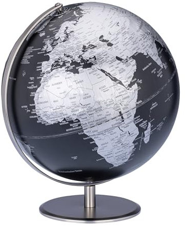 TROIKA Globus mit 30 cm Durchmesser WELTBLICK 30 – verchromter Metallfuß – bewegliche Achse – deutsche Beschriftung – Kunststoff, Metall – schwarz, silberfarben – TROIKA Original