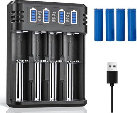 18650 Battery Charger Set, Fast Charge 4.2V 2A Max, 4-Slot Smart LCD Indicator USB Rechargeable Batteries Chargers for Battery 18650 26650 21700 18350(4Pack Batteries+Charger)