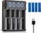 18650 Battery Charger Set, Fast Charge 4.2V 2A Max, 4-Slot Smart LCD Indicator USB Rechargeable Batteries Chargers for Battery 18650 26650 21700 18350(4Pack Batteries+Charger)