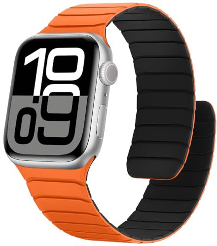 Sixmoat Magnetisches Silikon Armband Kompatibel mit Apple Watch 42mm(Series11 Series 10) 41mm 40mm 38mm, Wasserdichte Sport Armbänder Design für iWatch SE Series 11 10 9 8 7 6 5 4 3, Orange-Schwarz