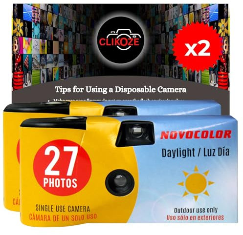 Disposable Camera Bundle with Novocolor Daylight Single Use Cameras 27 Exposures and Clikoze Photography Tips Card (2 Cameras)
