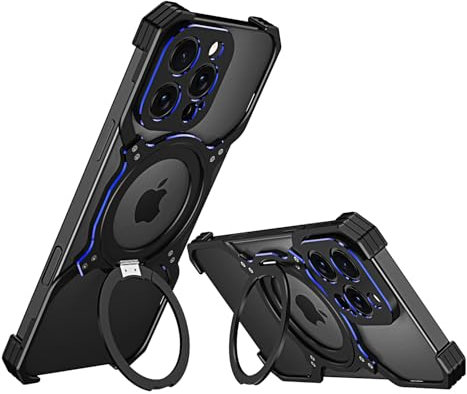 baremetalcases Metal Frameless Aluminuim Phone Case for iPhone 15 Pro Minimalist Design with Magnetic Rotating Holder and Camera Protector (Black Blue)