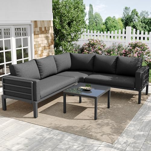 DRIXNO Gartenmöbel-Set (4-5 Sitzplätze), 1 Couchtisch aus Gehärtetem Glas, Verzinkter Eisenrahmen, graue Sitzpolster und Kissen