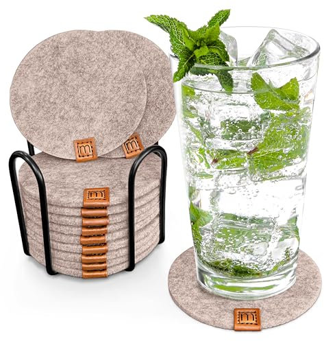 Miqio® Design Filz Glasuntersetzer rund | 12-er Set + Halter | Nachhaltige Oekotex Untersetzer für Getränke, Kerzen, Tassen, Bar, Gläser | Tisch Deko | beige