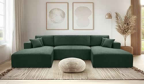 AXLIVING Grün Sofa U Form mit Schlaffunktion – Catea U Cord Wohnlandschaft 364cm