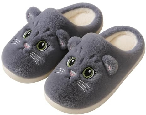 corimori Plüsch Hausschuhe Katze – Flauschige Katzen Kätzchen Pantoffeln (weiß, rosa, grau, braun - Gr. 34-44)