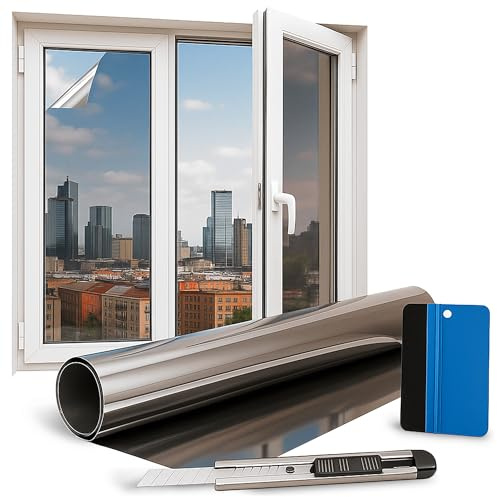 Folindo Fensterfolie Sonnenschutz - 200x152cm - 90% Silber Verspiegelung/Spiegelfolie Fenster Sichtschutz - Hitzeschutzfolie Fenster - Sonnenschutzfolie Fenster außen - inkl. Rakel & Folienmesser