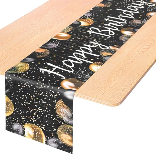 HJZHII Tischläufer Happy Birthday, 183 x 33 cm Schwarz Gold Tischläufer für Geburtstage, Vintage Stil Esszimmer Tischdekoration für Männer und Frauen Drinnen und Draußen Zuhause Party