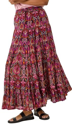 Roman Originals Gypsy Maxi Skirt for Women UK Ladies Tiered Bohemian Long Ankle Length Cotton Elasticated Waistband High Waist Monochrome Lounge Lightweight Holiday